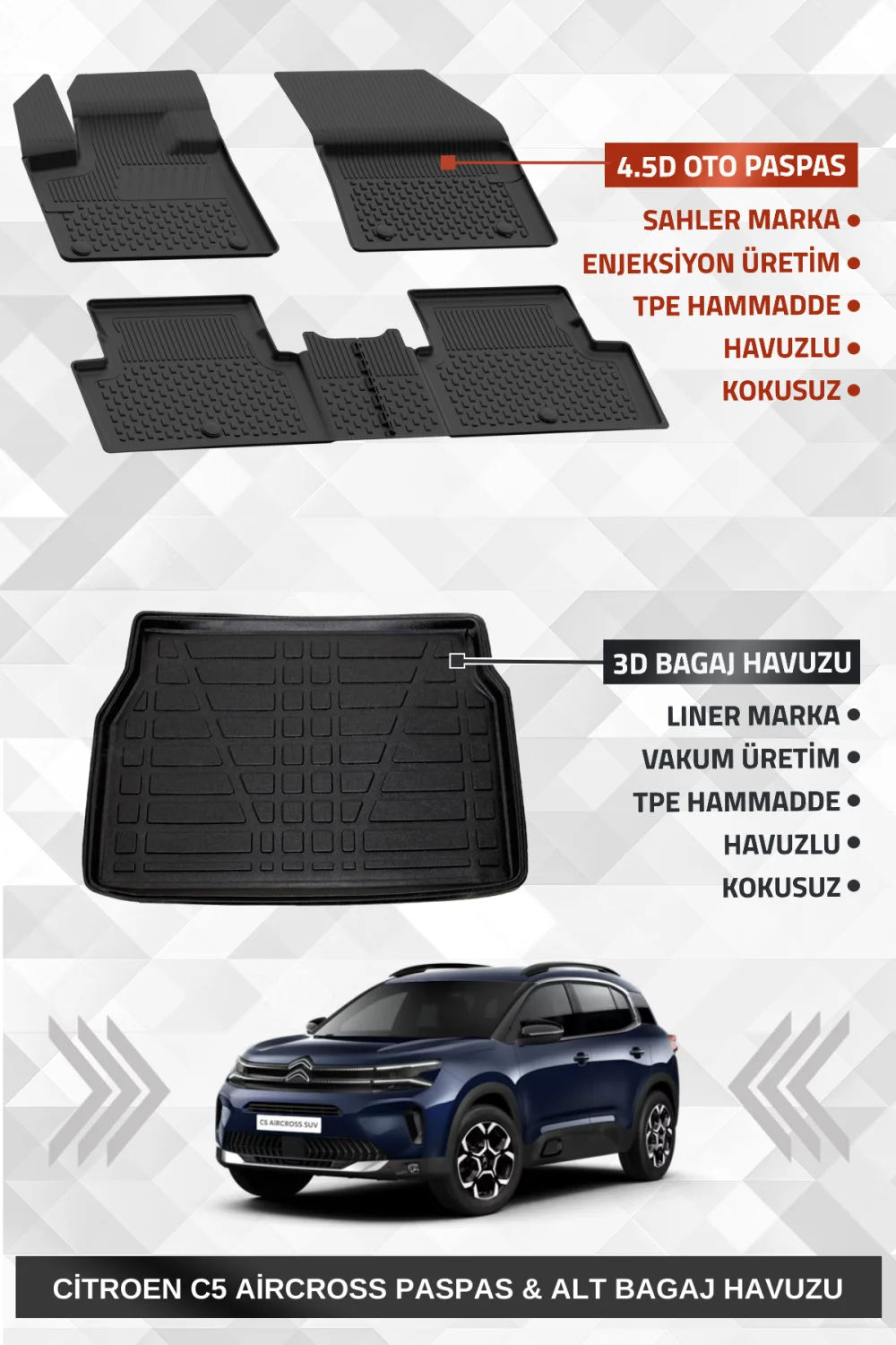 Sahler C5 Aircross 2019+ Uyumlu 4.5D Premium Havuzlu Oto Paspas Ve Liner Marka 3d ALT Bagaj Havuzu