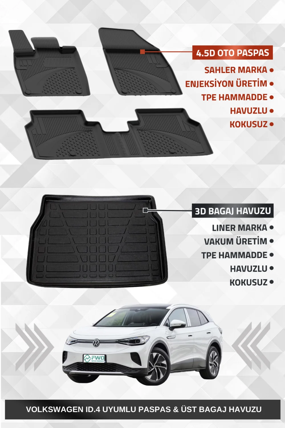 Sahler ID.4 2020+ Uyumlu 4.5d Premium Havuzlu Oto Paspas ve Liner Marka 3D ÜST Bagaj Havuzu