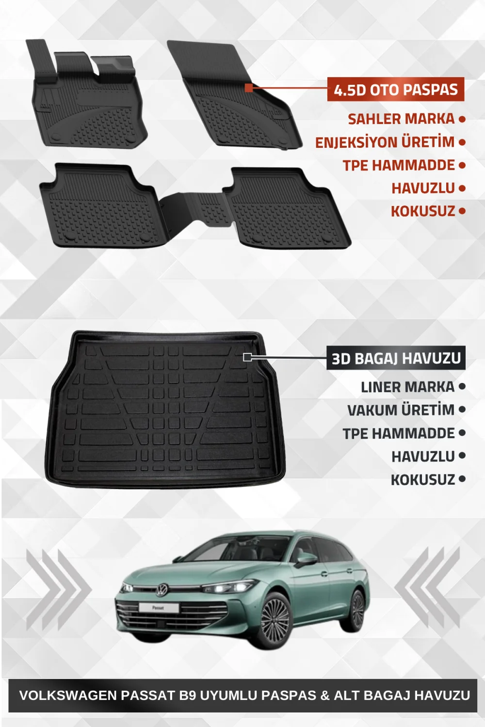 Passat Variant B9 2024+ Uyumlu 4.5D SAHLER Premium Paspas + Liner Marka 3D ALT Bagaj Havuzu - Passat Variant B9