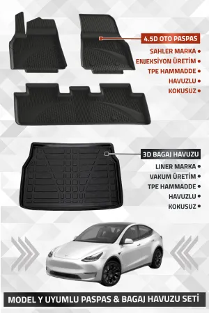 Tesla Model Y 2020-2024 Uyumlu Sahler 4.5D Premium Havuzlu Oto Paspas Ve Li̇ner Marka 3D Bagaj Havuzu - Model Y