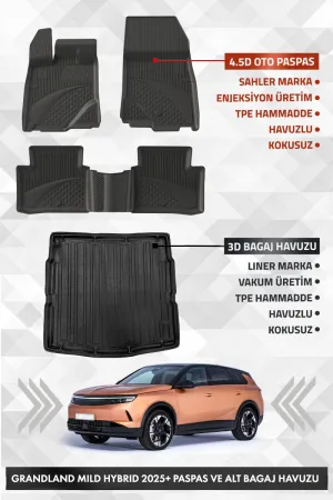 Opel Grandland Mild Hybrid 2025+ Uyumlu 4.5D Sahler Premium Havuzlu Paspas Ve Liner Marka 3D Alt Bagaj Havuzu