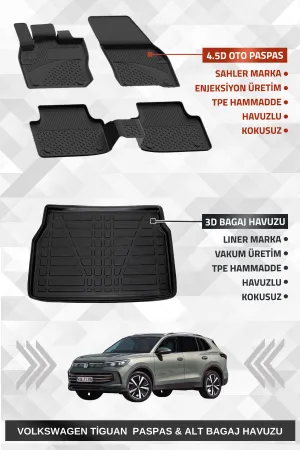 Sahler Tiguan 2024+ Uyumlu 4.5D Premium Havuzlu Paspas Ve Liner Marka 3D Alt Bagaj Havuzu