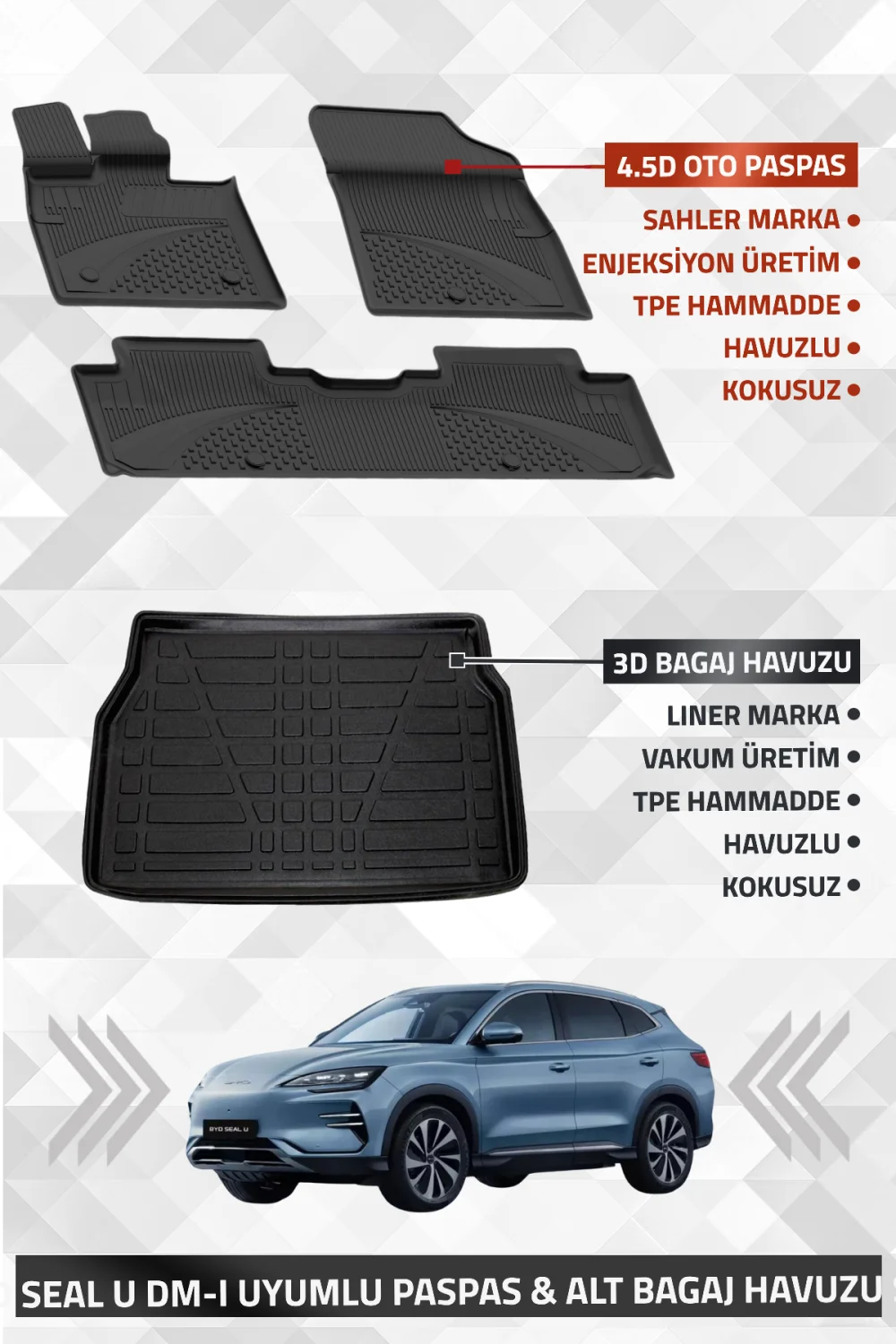 BYD Seal U Dm-i 2024+ Uyumlu LİNER Marka 3D Kulaksız ALT Bagaj Havuzu + SAHLER 4.5D Oto Paspas