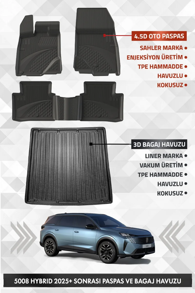 Peuegot 5008 Mild Hybrid 2024 Sonrası Uyumlu 4.5D Premium Havuzlu Oto Paspas ve Liner Bagaj Havuzu