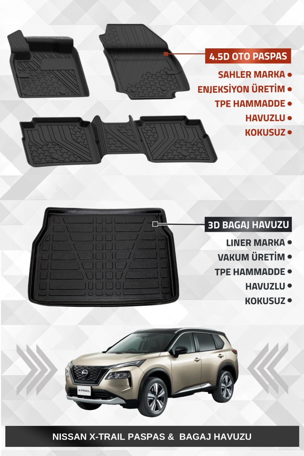 Sahler Nissan X-Trail Benzinli 2022+ Uyumlu 4.5D Premium Havuzlu Oto Paspas ve Liner Marka 3D Bagaj Havuzu