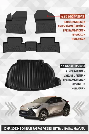 Sahler Toyota C-Hr 2023 Sonrası Uyumlu 4.5D Premium Havuzlu Oto Paspas Ve Liner Ses Si̇stemli̇ Bagaj Havuzu