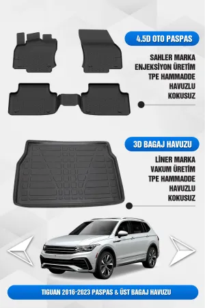 Tiguan 2016-2023 Uyumlu 4.5D Premium Havuzlu Oto Paspas Ve Liner Üst Bagaj Havuzu