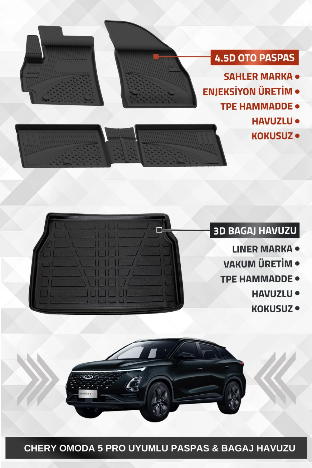 Sahler Omoda 5 PRO 2023-2025 Uyumlu 4.5D Premium Havuzlu Oto Paspas ve Liner Marka 3D Bagaj Havuzu
