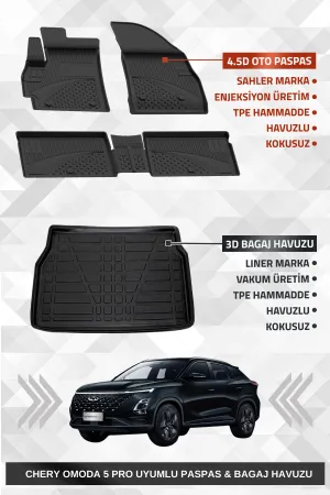 Sahler Omoda 5 Pro 2023-2025 Uyumlu 4.5D Premium Havuzlu Oto Paspas Ve Liner Marka 3D Bagaj Havuzu
