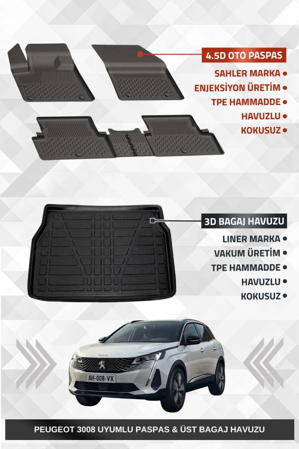 Sahler Peugeot 3008 2016-2024 Uyumlu 4.5D Premium Havuzlu Oto Paspas ve Liner Marka 3D ÜST Bagaj Havuzu