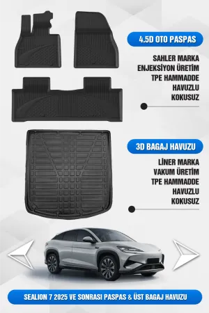 Byd Sealion 7 2025-Günümüz Uyumlu 4.5D Premium Havuzlu Oto Paspas Ve Lıner Üst Bagaj Havuzu Set