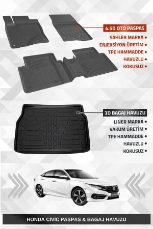 Sahler Honda Civic 2016-2021 Uyumlu 4.5D Premium Havuzlu Oto Paspas Ve Liner Marka 3D Bagaj Havuzu - Civic Fc5