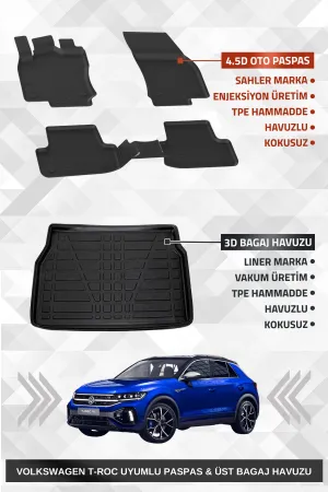 Sahler T-Roc 2019-2025 Uyumlu 4.5D Sahler Premium Paspas + Liner Marka 3D Üst Bagaj Havuzu - T-Roc