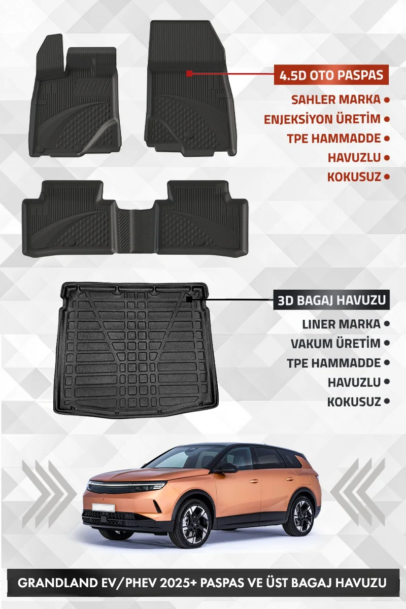Opel Grandland Elektrikli / Plug in Hybrid 2025+ Uyumlu 4.5D SAHLER Premium Havuzlu Paspas ve Liner Marka 3D ÜST Bagaj Havuzu