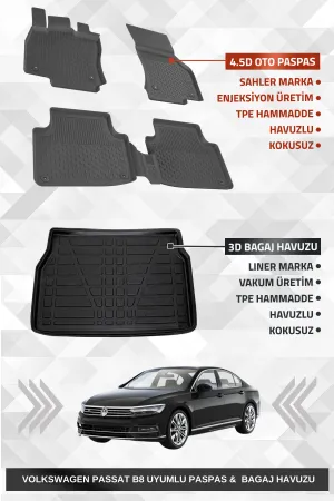Sahler Passat B8 2015-2023 Uyumlu 4.5D Premium Havuzlu Oto Paspas Ve Liner Marka 3D Bagaj Havuzu