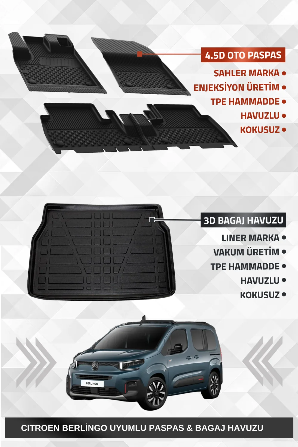 Sahler Citroen Berlingo 2019+ Uyumlu 4.5D Premium Havuzlu Oto Paspas Ve Liner Marka 3D Bagaj Havuzu