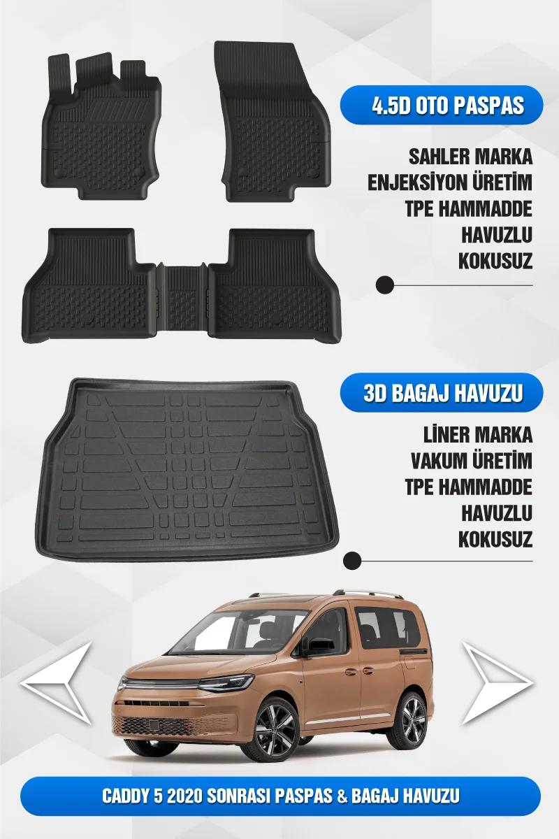 Caddy 2020 ve Sonrası Uyumlu 4.5D Premium Havuzlu Oto Paspas ve Liner Bagaj Havuzu