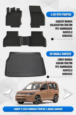 Caddy 2020 Ve Sonrası Uyumlu 4.5D Premium Havuzlu Oto Paspas Ve Liner Bagaj Havuzu
