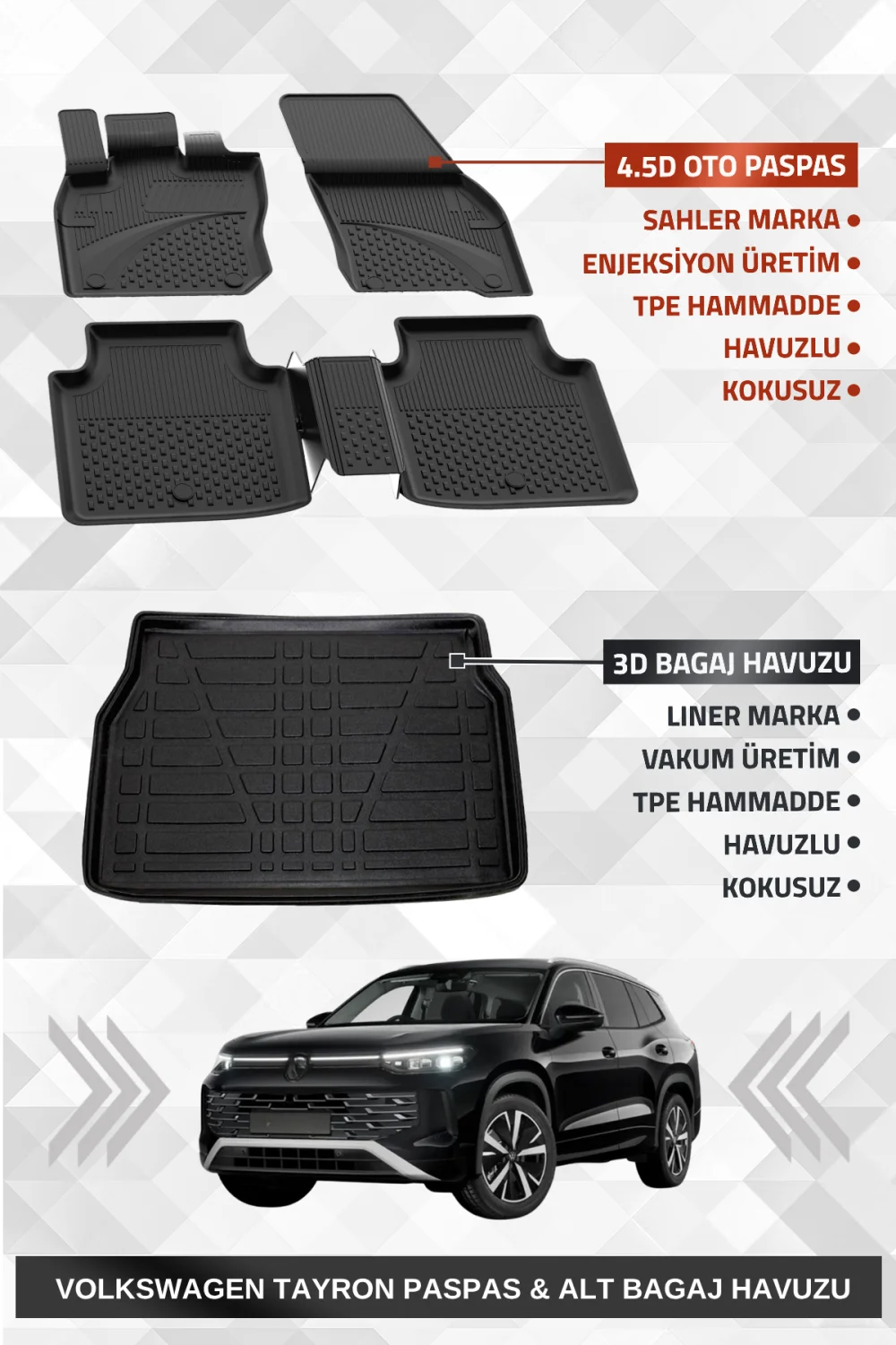 Volkswagen Tayron 2024 Sonrası Sahler 4.5D Premium Havuzlu Paspas ve Liner Alt Bagaj Havuzu 5 Koltuk