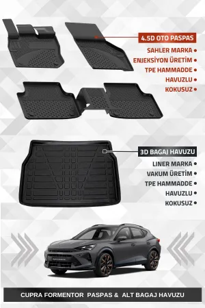 Cupra Formentor Km7 Fl 2024 Ve Sonrası Sahler Mild Hybrid 4.5D Premium Havuzlu Oto Paspas Ve Liner Marka 3D Alt Bagaj Havuzu