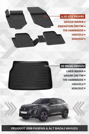 Sahler Peugeot 2008 2019-2025 Uyumlu 4.5D Premium Havuzlu Paspas Ve Liner Alt Bagaj Havuzu - Hybrid Uyumlu Değildir