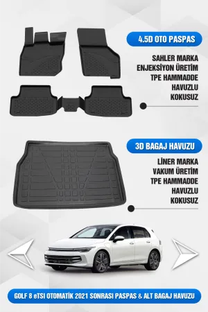 Golf 8/8.5 (Otomatik) Uyumlu 4.5D Premium Havuzlu Oto Paspas Ve Liner Alt Bagaj Havuzu