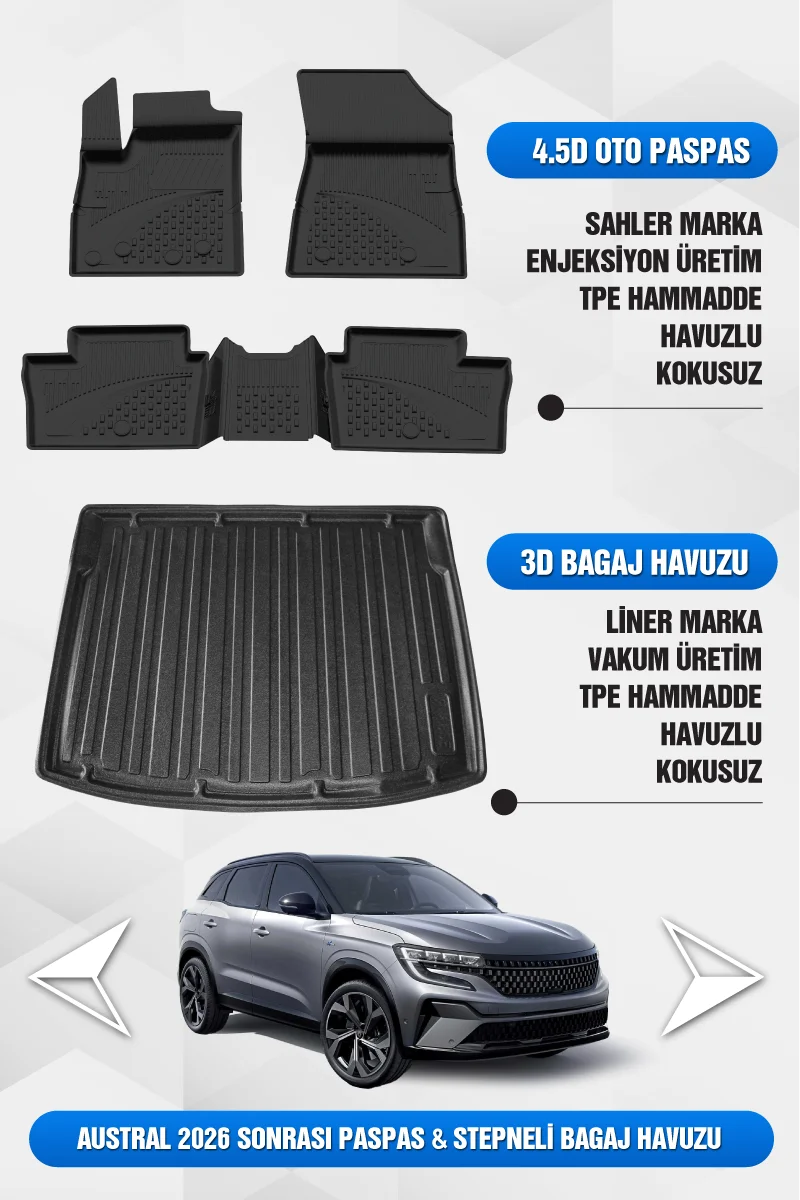 Sahler Renault Austral 2022-2026 Uyumlu 4.5D Premium Havuzlu Oto Paspas ve Liner Marka 3D Bagaj Havuzu - Austral