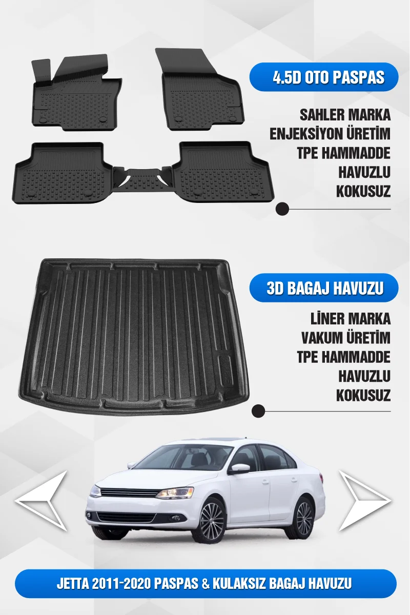 Jetta 2011-2019 Uyumlu 4.5D Premium Havuzlu Oto Paspas ve Liner KULAKSIZ Bagaj Havuzu