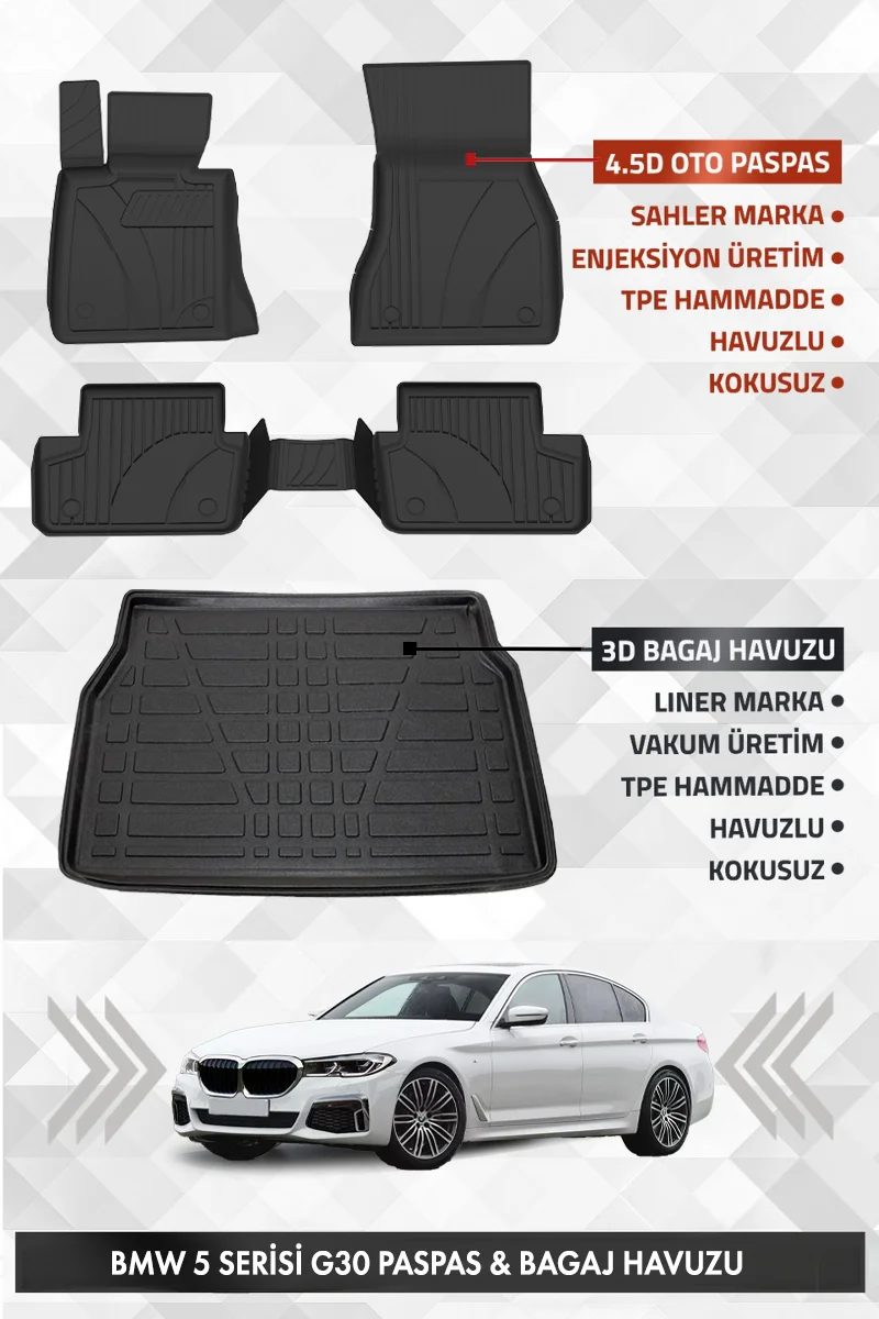 BMW G30 5 Serisi 2017-2023 Uyumlu 4.5D PRO Premium Havuzlu Oto Paspas ve Liner Bagaj Havuzu