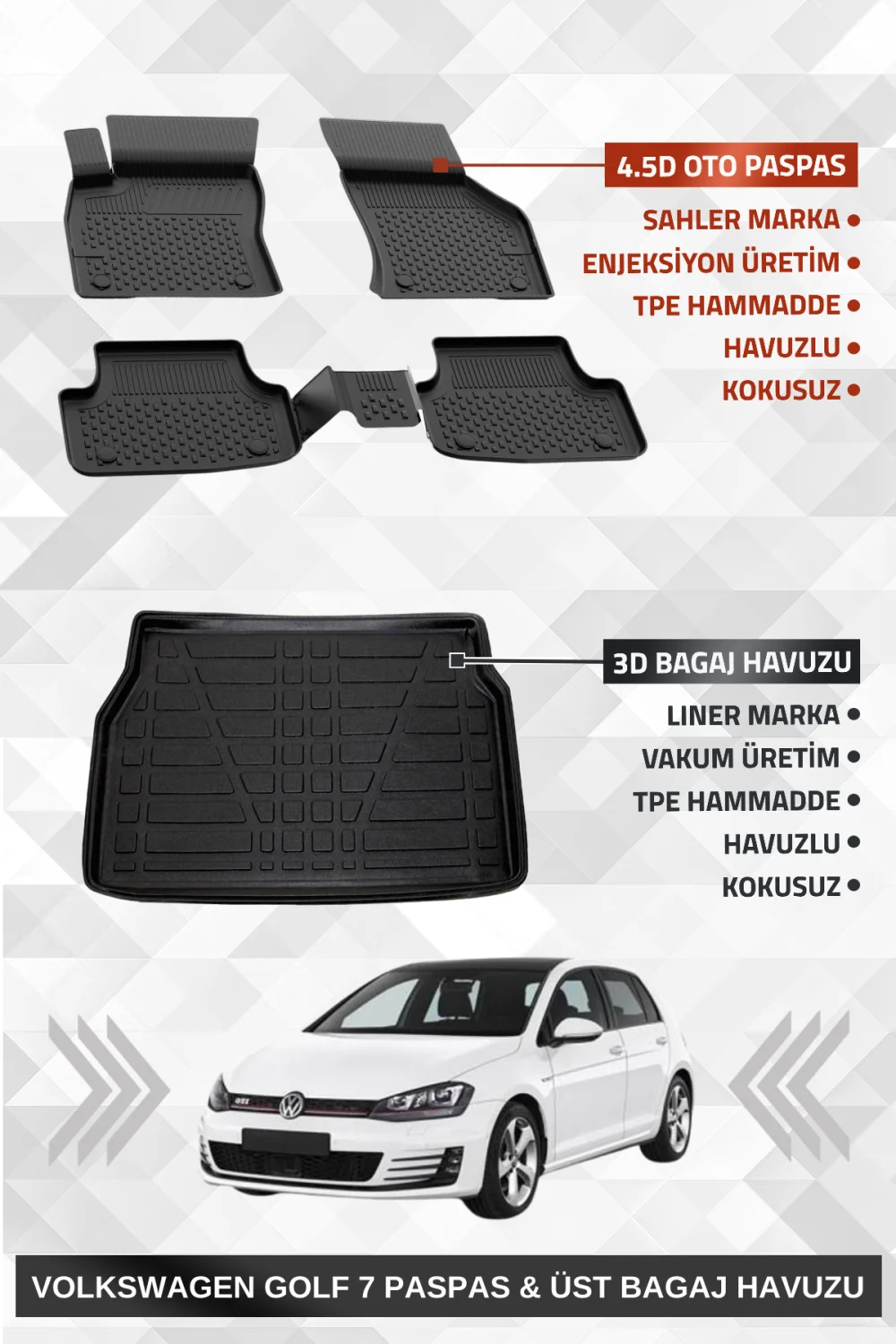 Sahler Golf 7 2013-2020 Uyumlu 4.5d Premium Havuzlu Paspas ve Liner Marka 3D ÜST Bagaj Havuzu