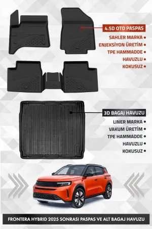 Opel Frontera Hybrid 2025 Ve Sonrası Uyumlu 4.5D Premium Havuzlu Oto Paspas Ve Liner Alt Bagaj