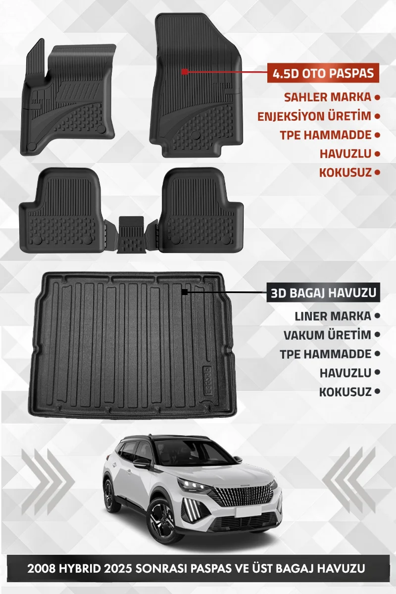 Peugeot 2008 HYBRID 2025 ve Sonrası Uyumlu 4.5D Premium Havuzlu Oto Paspas ve Liner ÜST Bagaj Havuzu