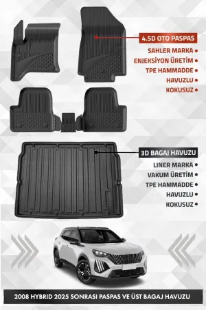 Peugeot 2008 Hybrid 2025 Ve Sonrası Uyumlu 4.5D Premium Havuzlu Oto Paspas Ve Liner Üst Bagaj Havuzu
