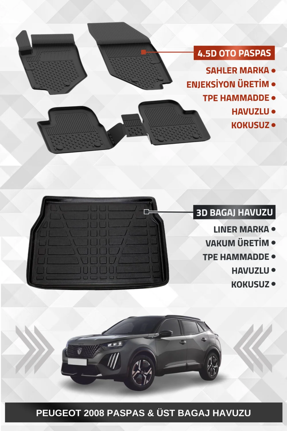 Sahler Peugeot 2008 2019-2025 Uyumlu 4.5d Premium Havuzlu Paspas ve Liner ÜST Bagaj Havuzu - Hybrid Uyumlu Değildir