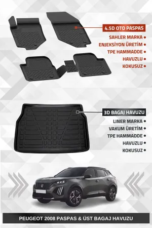 Sahler Peugeot 2008 2019-2025 Uyumlu 4.5D Premium Havuzlu Paspas Ve Liner Üst Bagaj Havuzu - Hybrid Uyumlu Değildir