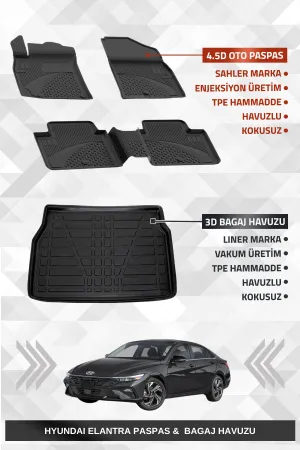 Sahler Hyundai Elantra 2021+ Uyumlu 4.5D Premium Havuzlu Oto Paspas Ve Liner Marka 3D Bagaj Havuzu