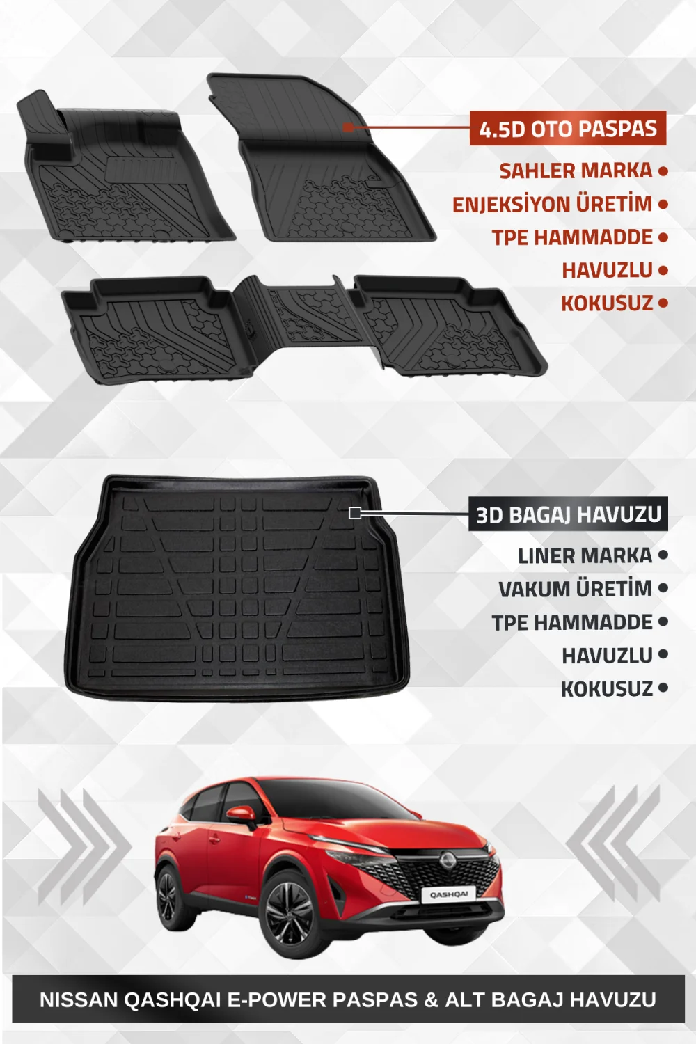 Nissan Qashqai J12 E-Power 2022+ Sahler 4.5D Premium Havuzlu Paspas ve Liner 3D Alt Bagaj Havuzu