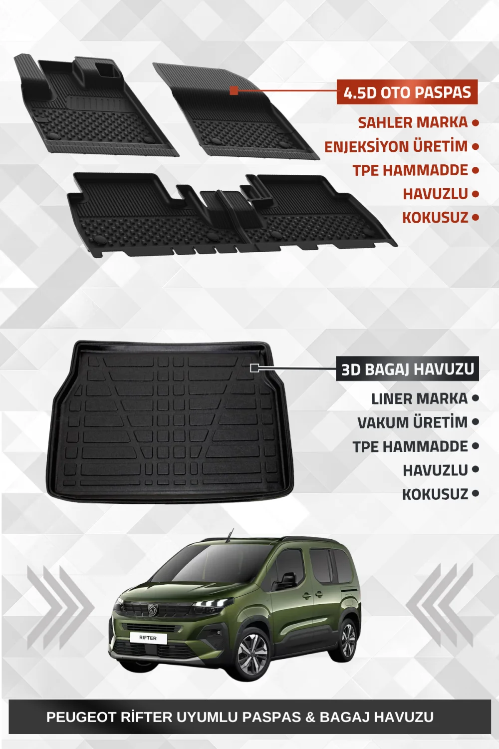 Sahler Peugeot Rifter 2019+ Uyumlu 4.5D Premium Havuzlu Oto Paspas Ve Liner Marka 3D Bagaj Havuzu