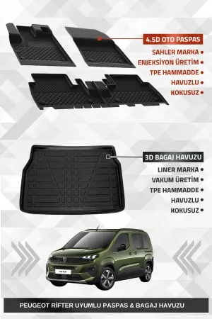 Sahler Peugeot Rifter 2019+ Uyumlu 4.5D Premium Havuzlu Oto Paspas Ve Liner Marka 3D Bagaj Havuzu