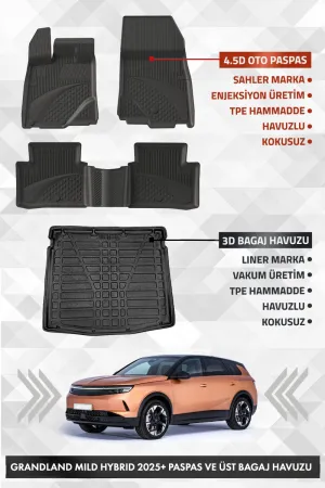 Opel Grandland Mild Hybrid 2025+ Uyumlu 4.5D Sahler Premium Havuzlu Paspas Ve Liner Marka 3D Üst Bagaj Havuzu