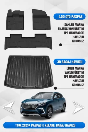 Togg T10X 2023 Sonrası Uyumlu Sahler 4.5D Pro Premium Oto Paspas Ve Li̇ner Marka 3D Kulaklı Bagaj Havuzu