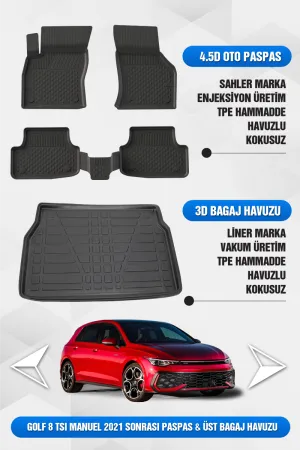Golf 8/8.5 (Manuel) Uyumlu 4.5D Premium Havuzlu Oto Paspas ve Liner ÜST Bagaj Havuzu