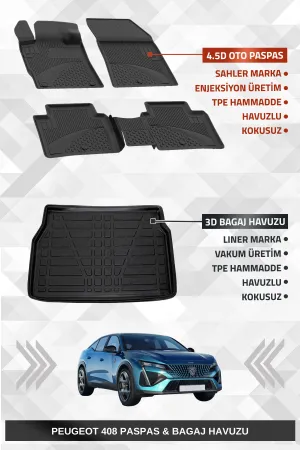 Sahler Peugeot 408 2022-2025 Uyumlu 4.5D Havuzlu Paspas Ve Liner Marka Bagaj Havuzu - Hybrid Model Uyumlu Değildir!
