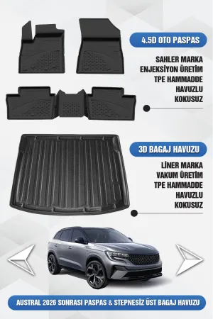Renault Austral 2022 Sonrası Uyumlu 4.5 Havuzlu Oto Paspas ve Liner Marka 3D Stepnesiz ÜST Bagaj Havuzu - Austral