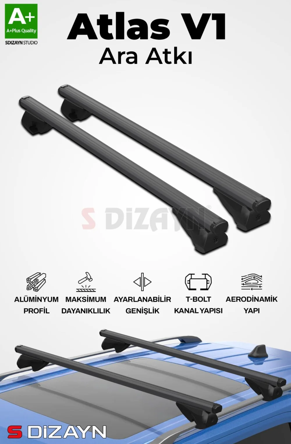 S-Dizayn VW Sharan S-Bar Atlas V1 Ara Atkı Tavan Taşıyıcı Barı Siyah 140 Cm 2010-2020 A+ Kalite