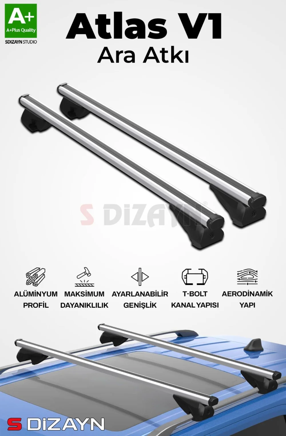 S-Dizayn Toyota Avensis Estate S-Bar Atlas V1 Ara Atkı Tavan Taşıyıcı Barı Gri 110 Cm 2002-2008 A+ Kalite