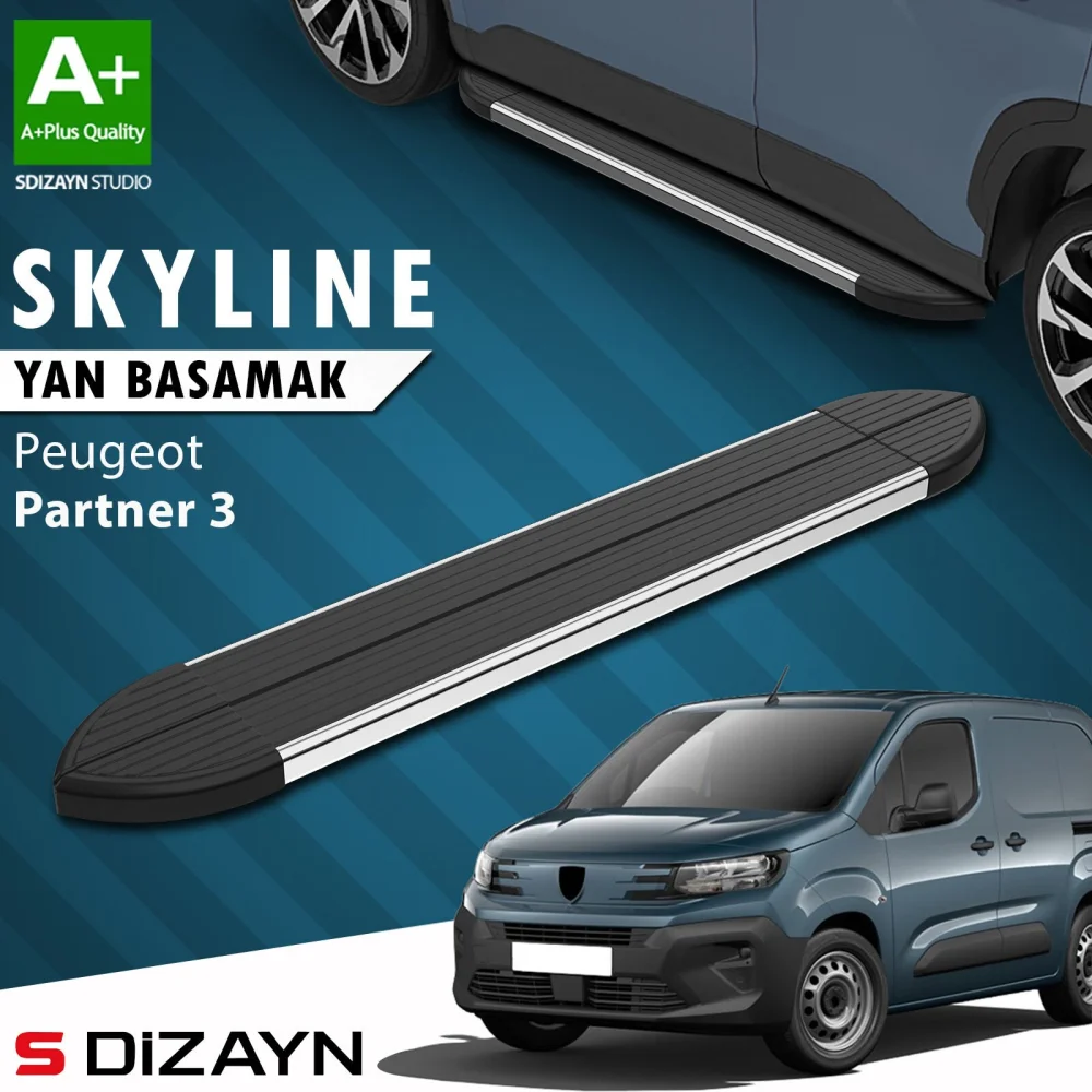 S-Dizayn Peugeot Partner 3 Kısa Şase Skyline Krom Yan Basamak 203 Cm 2018 Üzeri A+ Kalite