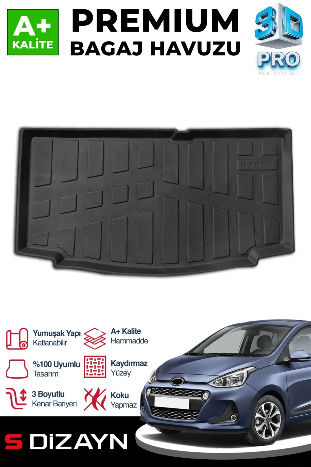 S-Dizayn Hyundai i10 3D Pro Bagaj Havuzu 2013-2019 A+ Kalite