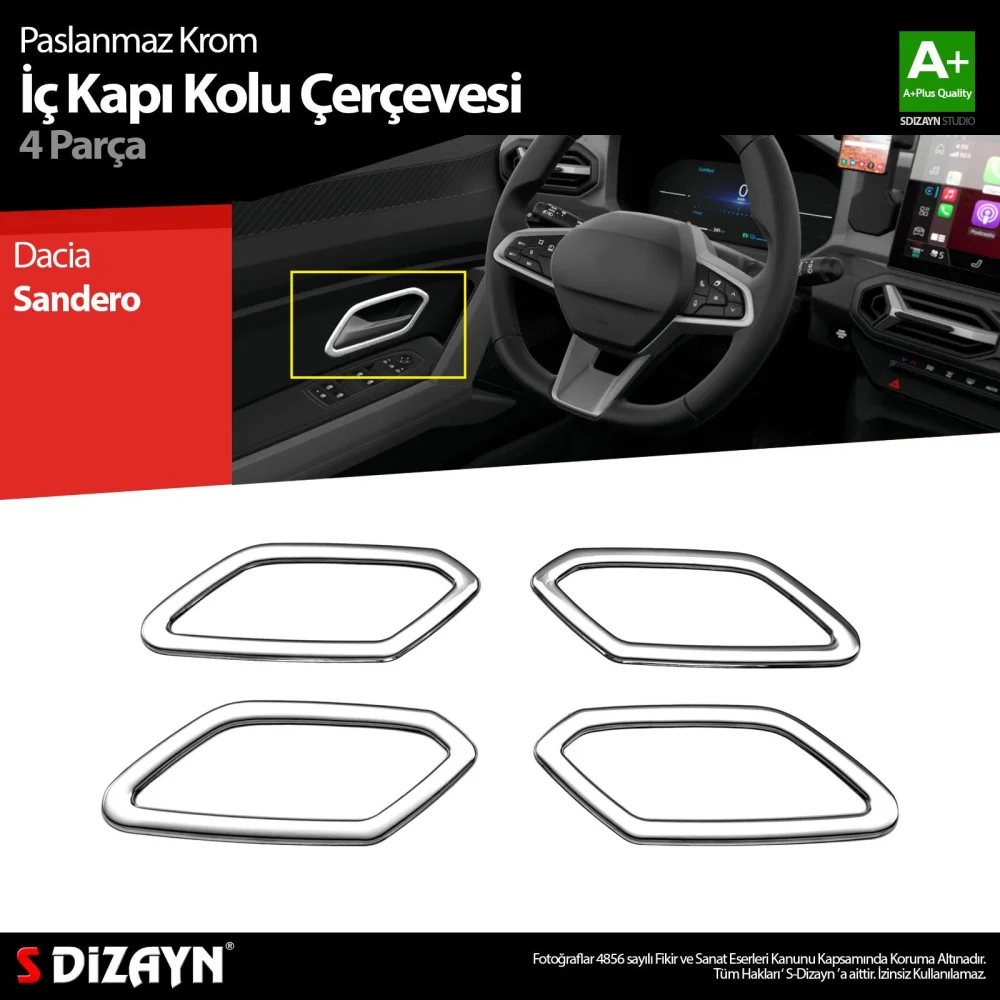S-Dizayn Dacia Sandero Krom İç Kapı Kolu Çerçevesi 4 Prç 2020 Üzeri A+ Kalite