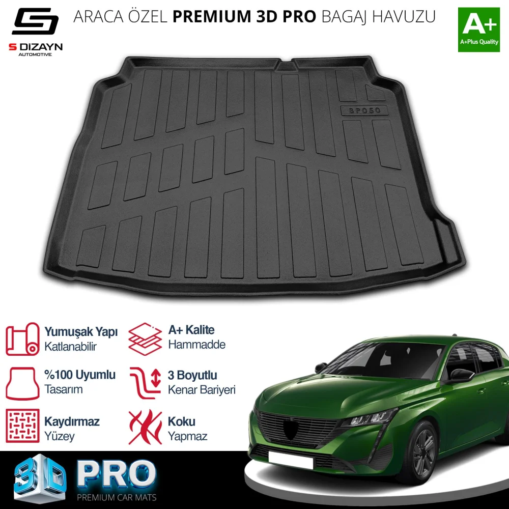S-Dizayn Peugeot 308 3D Pro Bagaj Havuzu 2013-2021 A+ Kalite